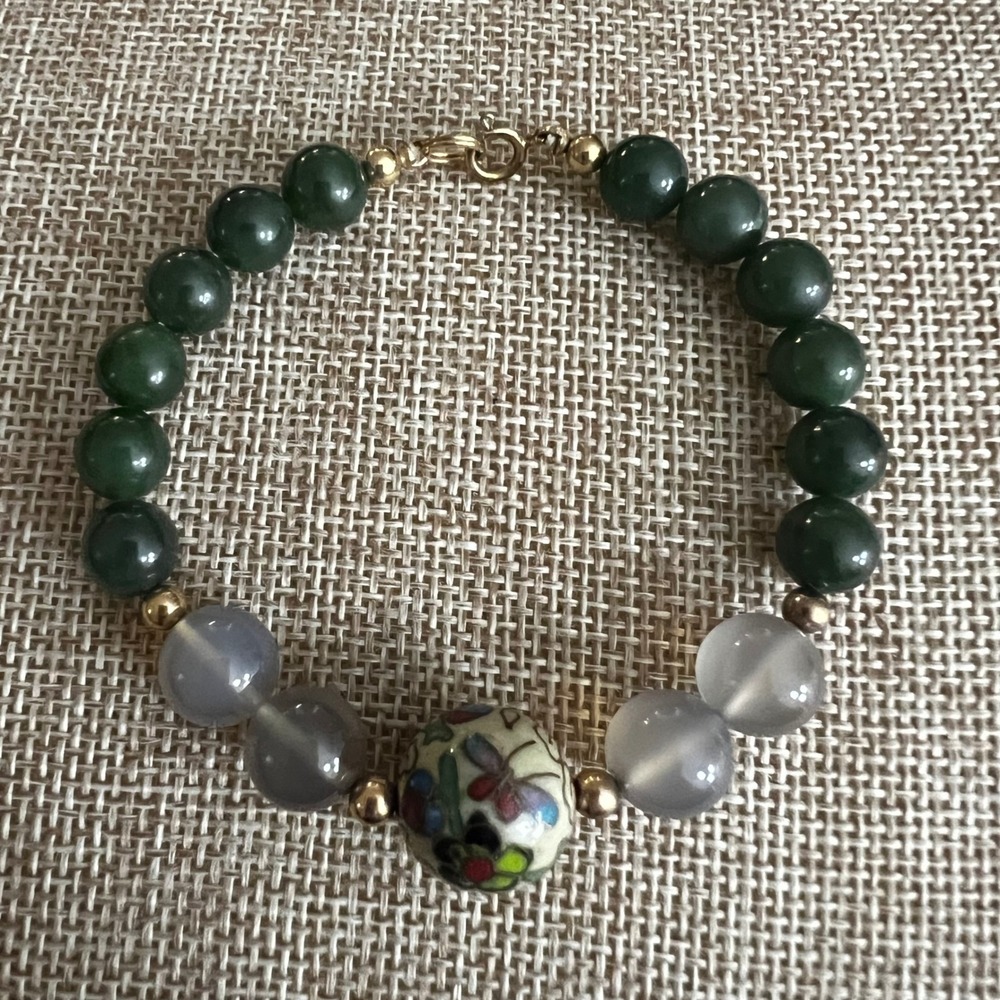 Vintage‎ Jade Agate Cloisonne Beaded Bracelet Green Grey 6.5 Inch Cottagecore